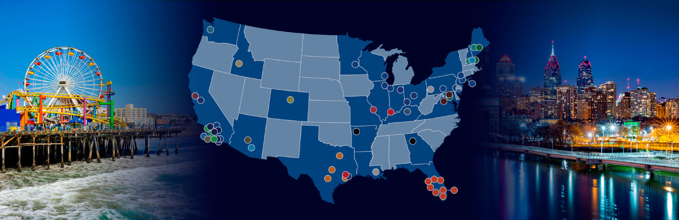 Coast to coast Map showing location of TRG companies in U.S.